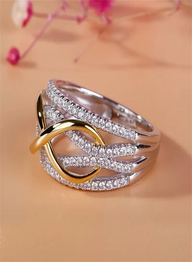 AZQ 925 Sterling Silver Shiny Full Diamond Gemstone Ring 18K Gold Cross Cubic Zirconia Promise Rings CZ Multi Row Diamond Cocktail Rings Eternity Engagement Wedding Band Ring for Women A.15 (US Code 12) - Image 3